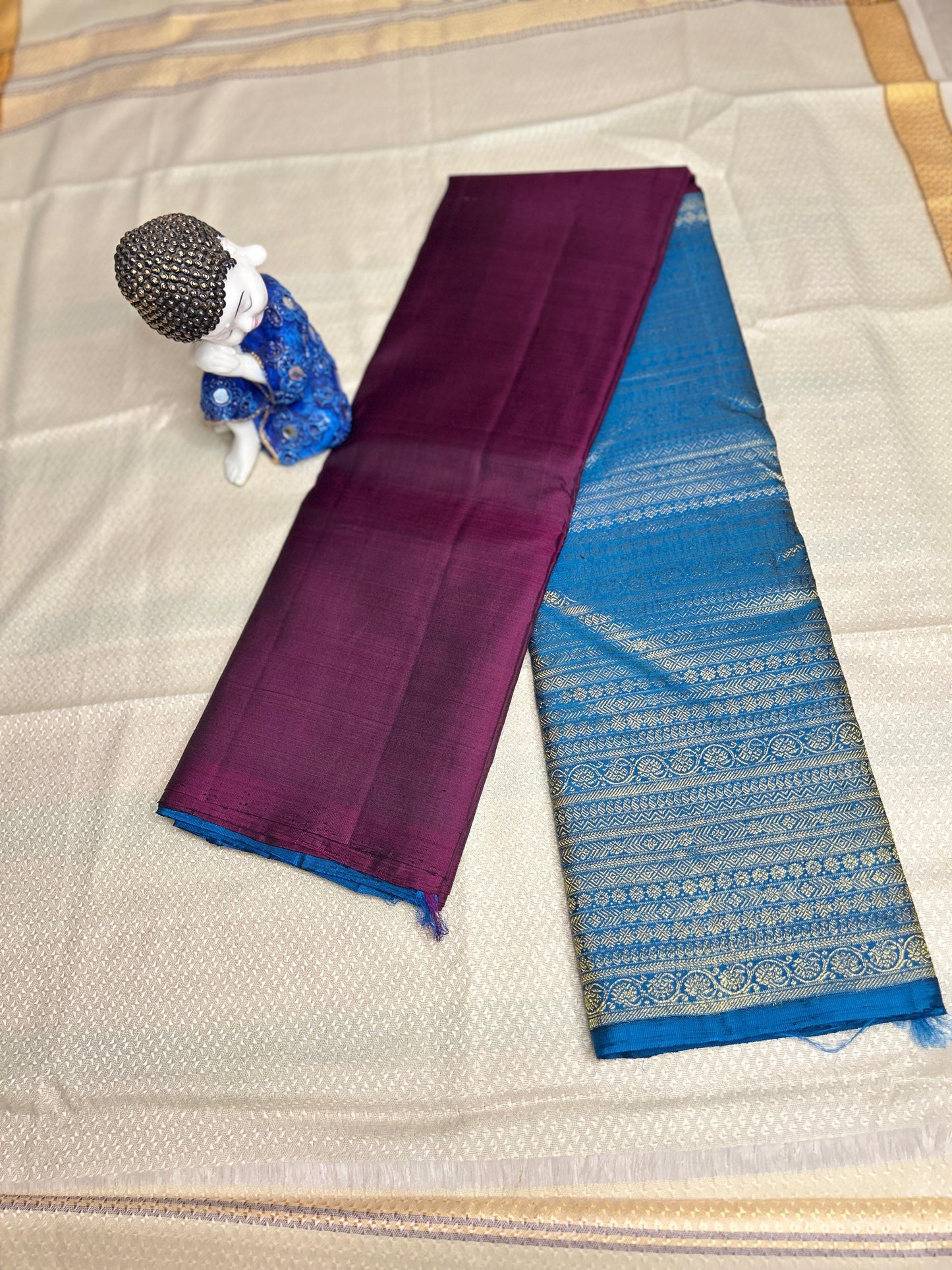 Plum Wine with Royal Blue Pure Silk Saree