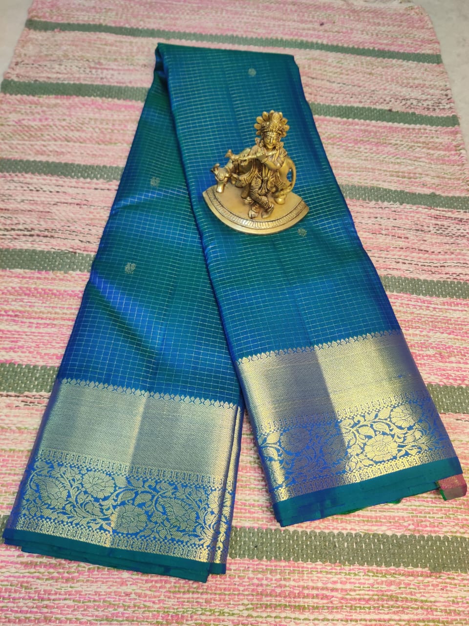 Teal–Peacock Blue Dual Tone Silk Saree