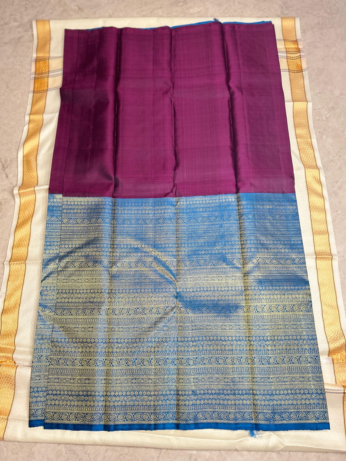 Plum Wine with Royal Blue Pure Silk Saree