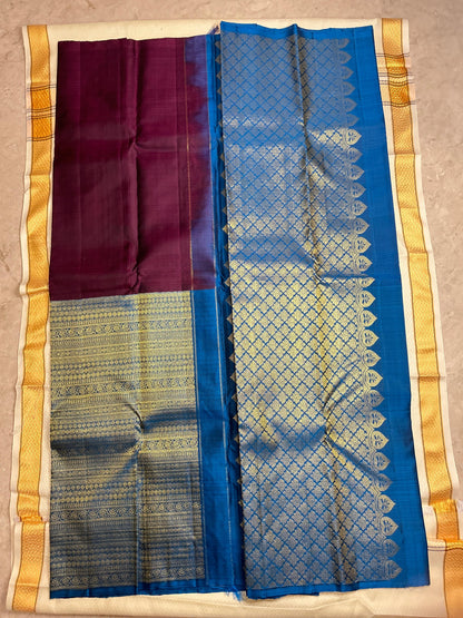 Plum Wine with Royal Blue Pure Silk Saree